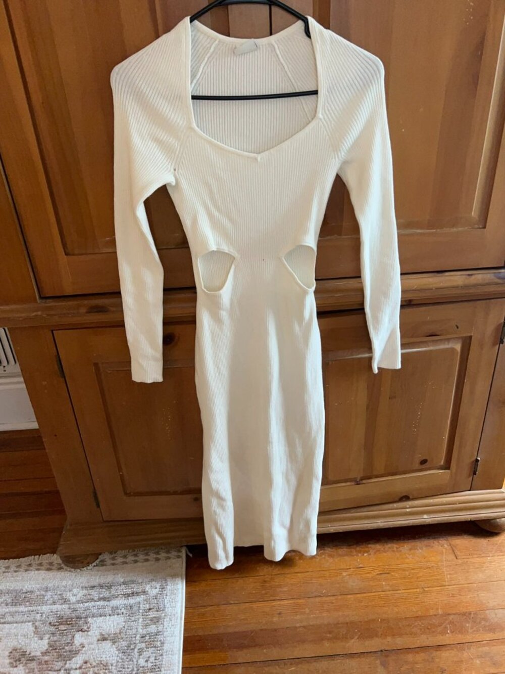 Abercrombie White Ribbed Cutout Long Sleeve Midi Dress